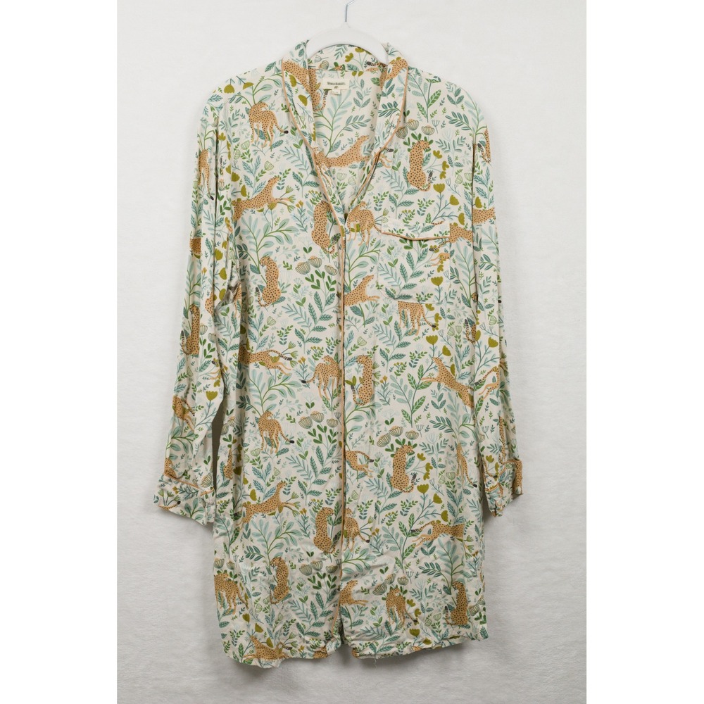 WORLD MARKET Cheetah Botanical Print Rayon Button Front Sleep PJ Shirt Sz L/XL